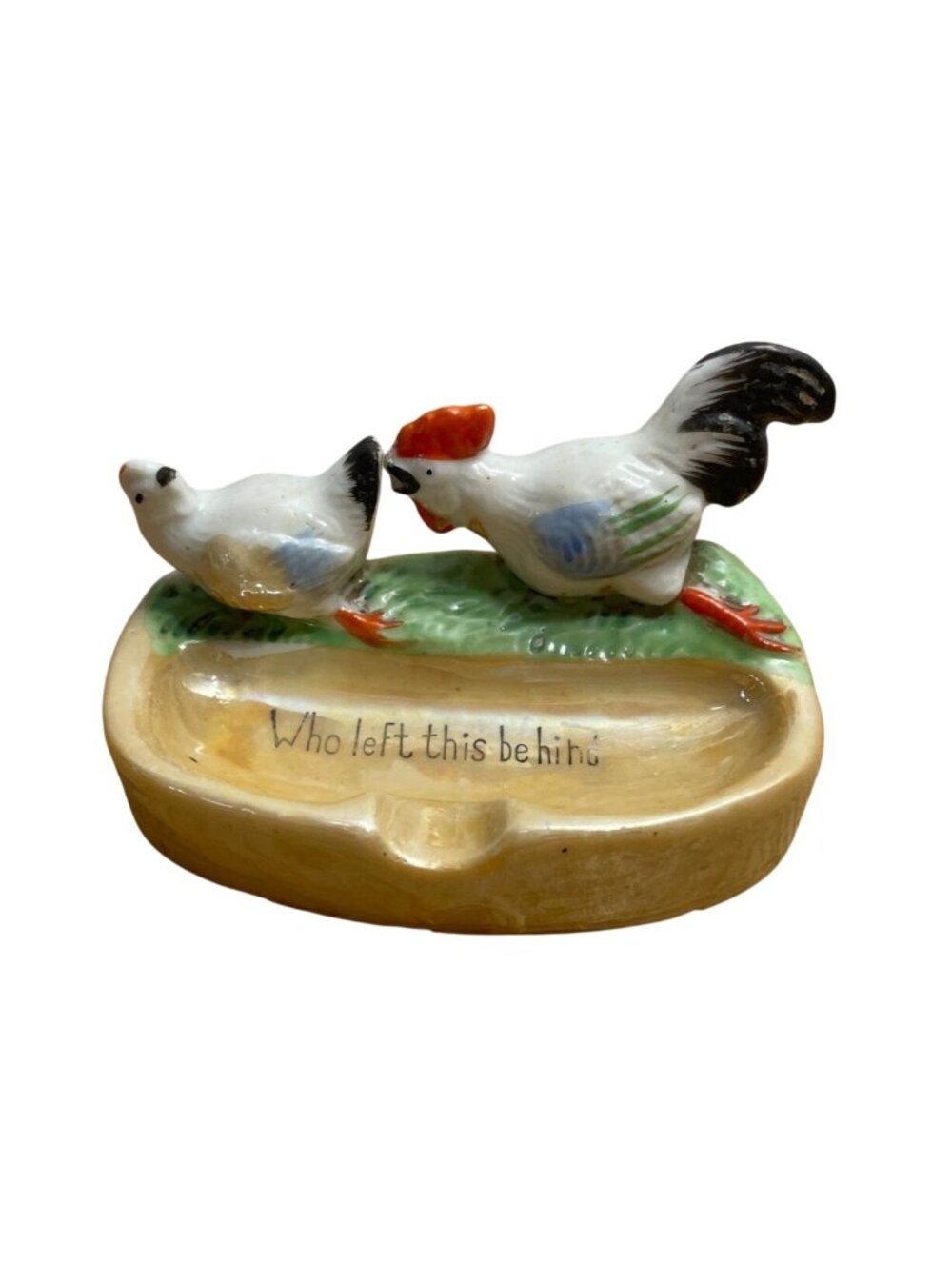 Vtg Lusterware Rooster Hen Ashtray Who Left This Behind Japan Risqué Adult Humor